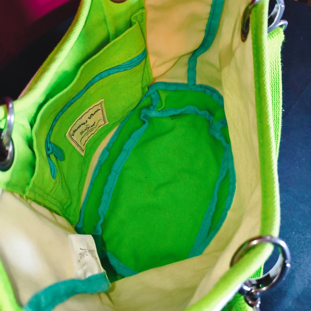 Thirty-One Canvas Crew Shoulder Bag Cream Lime Green Tote Handbag - Picture 2 of 8